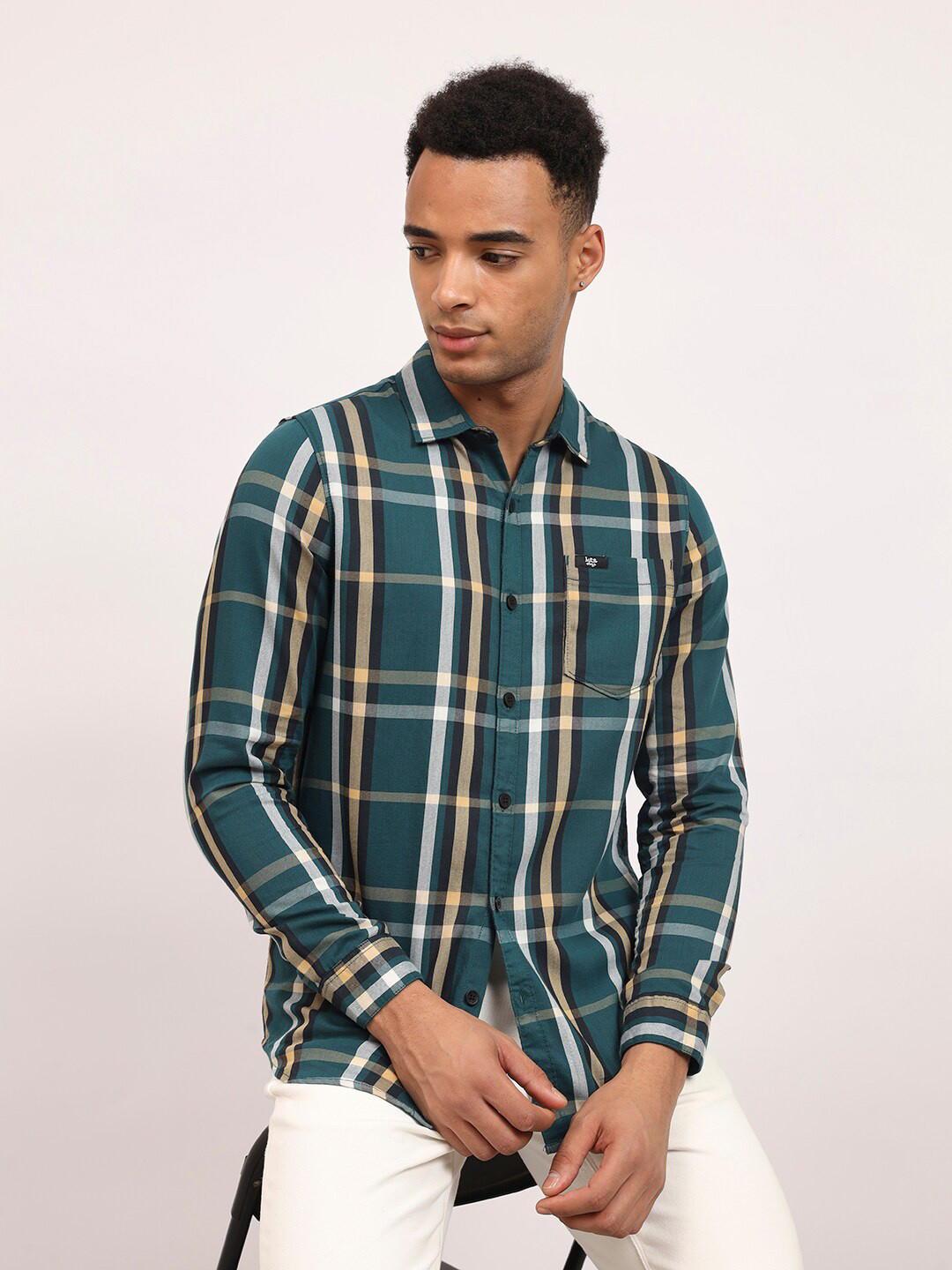 Lee Slim Fit Tartan Checked Spread Collar Long Sleeve Pocket Cotton Casual Shirt
