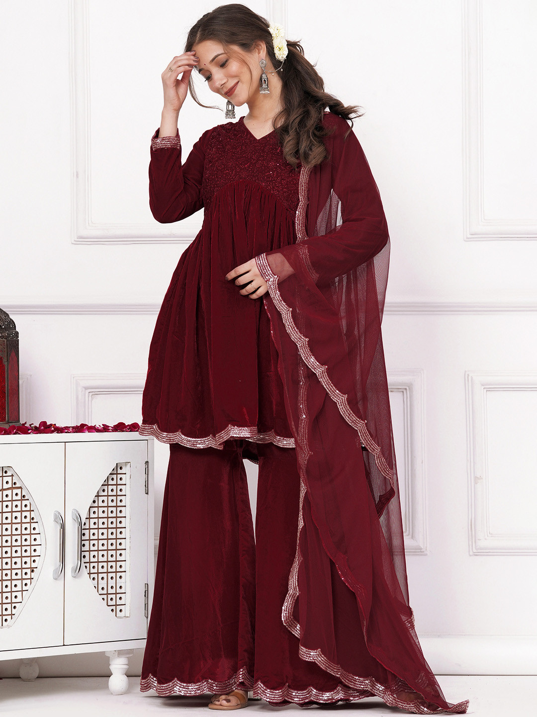 Libas Womens Maroon Embroidered Velvet A-Line Kurti With Sharara & Dupatta