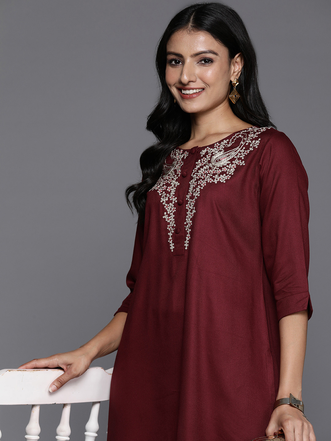 Libas Women Floral Yoke Embroidered Pashmina Tunic with Trousers