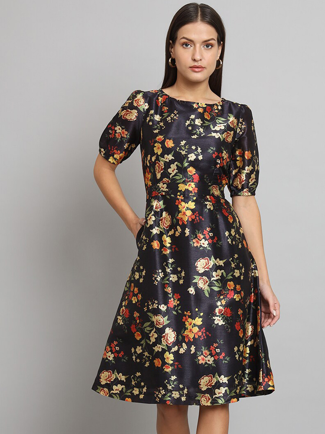 PowerSutra Floral Printed Puff Sleeves Cotton & Flare Dress