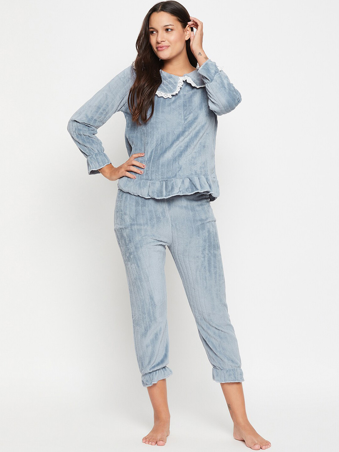 Camey Striped Peter Pan Neck Top With Lounge Pants