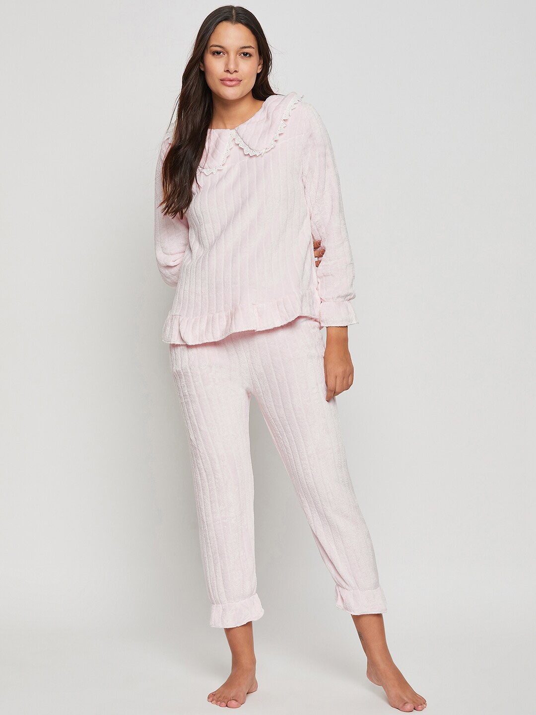 Camey Striped Peter Pan Neck Top With Lounge Pants