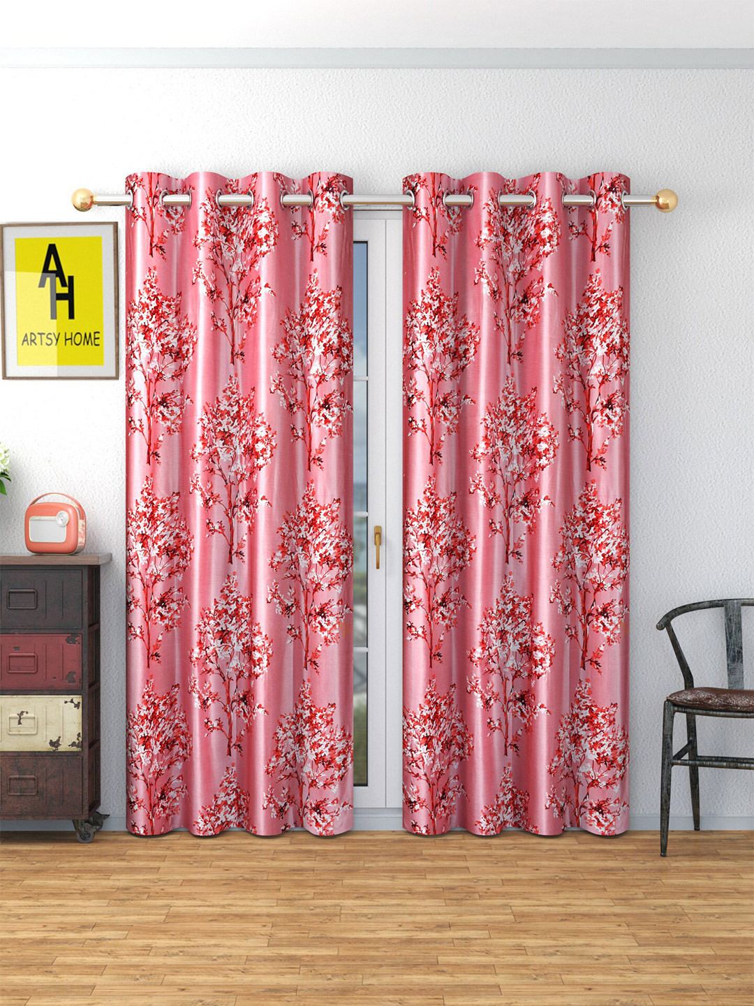 AH ARTSY HOME Pink & White 2 Pieces Floral Room Darkening Door Curtain