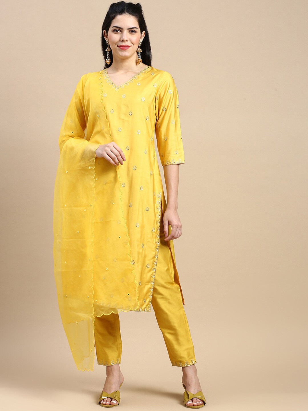 Styli Yellow Floral Embroidered Sequined V-Neck Kurta with Trousers & Dupatta