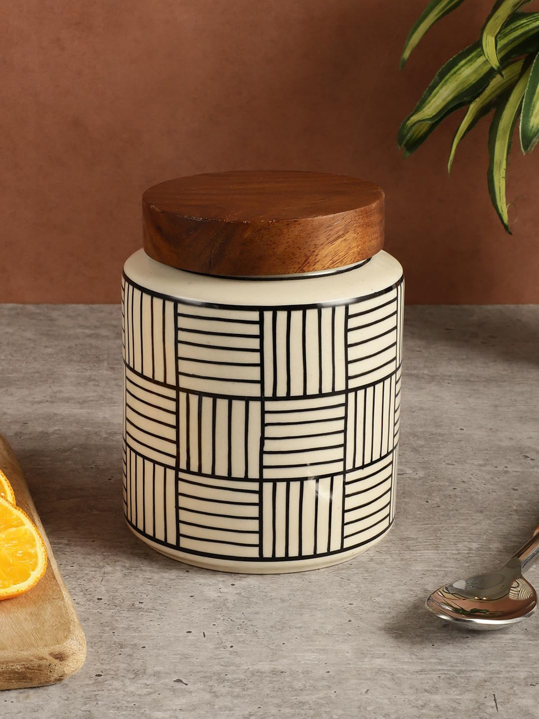 Miah Decor off White Checkered Ceramic Air Tight Clip-On Jar-780ml