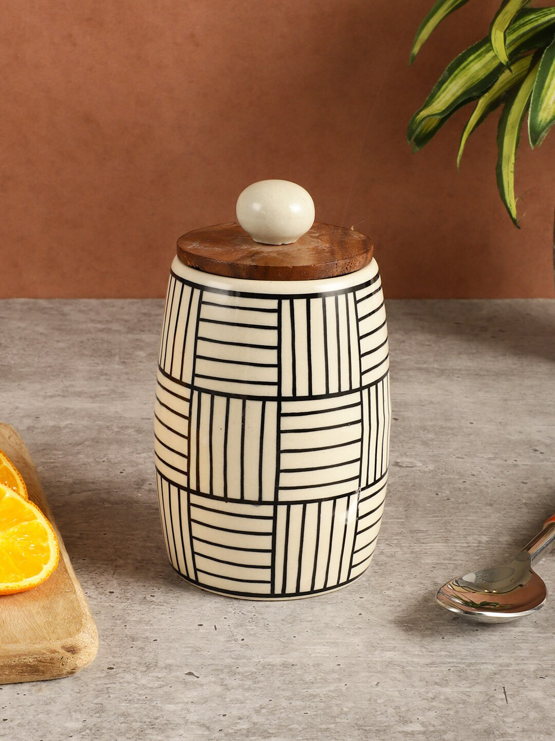 Miah Decor off White Checkered Ceramic Hand-Painted Clip-On Jar-400ml