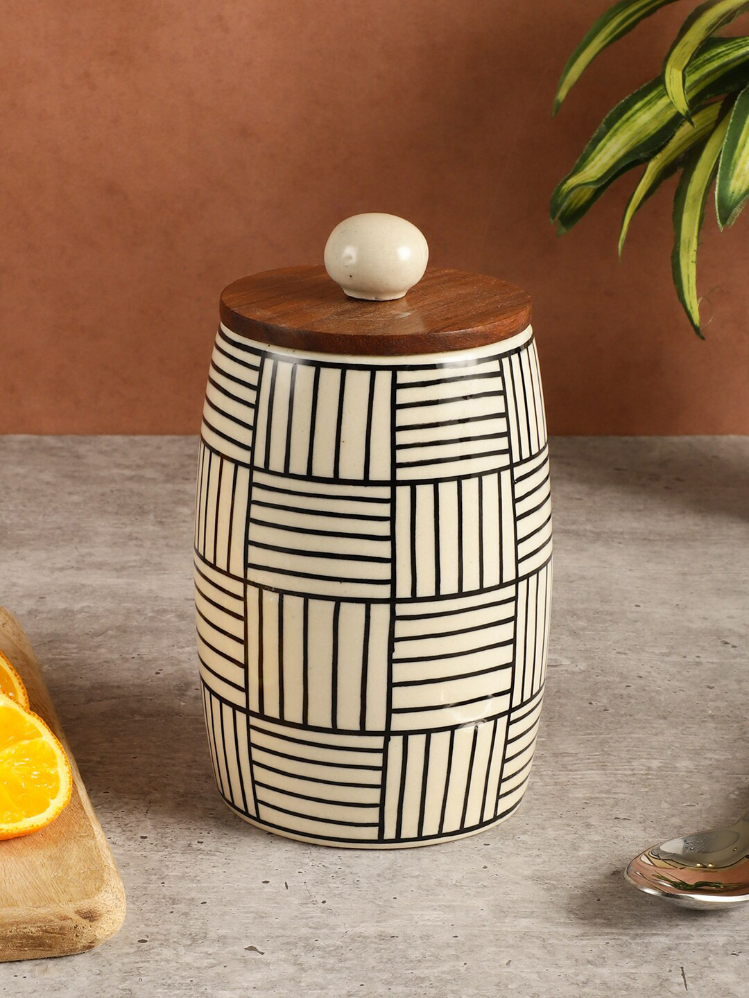 Miah Decor off White Checkered Ceramic Hand-Painted Clip-On Canister-600ml