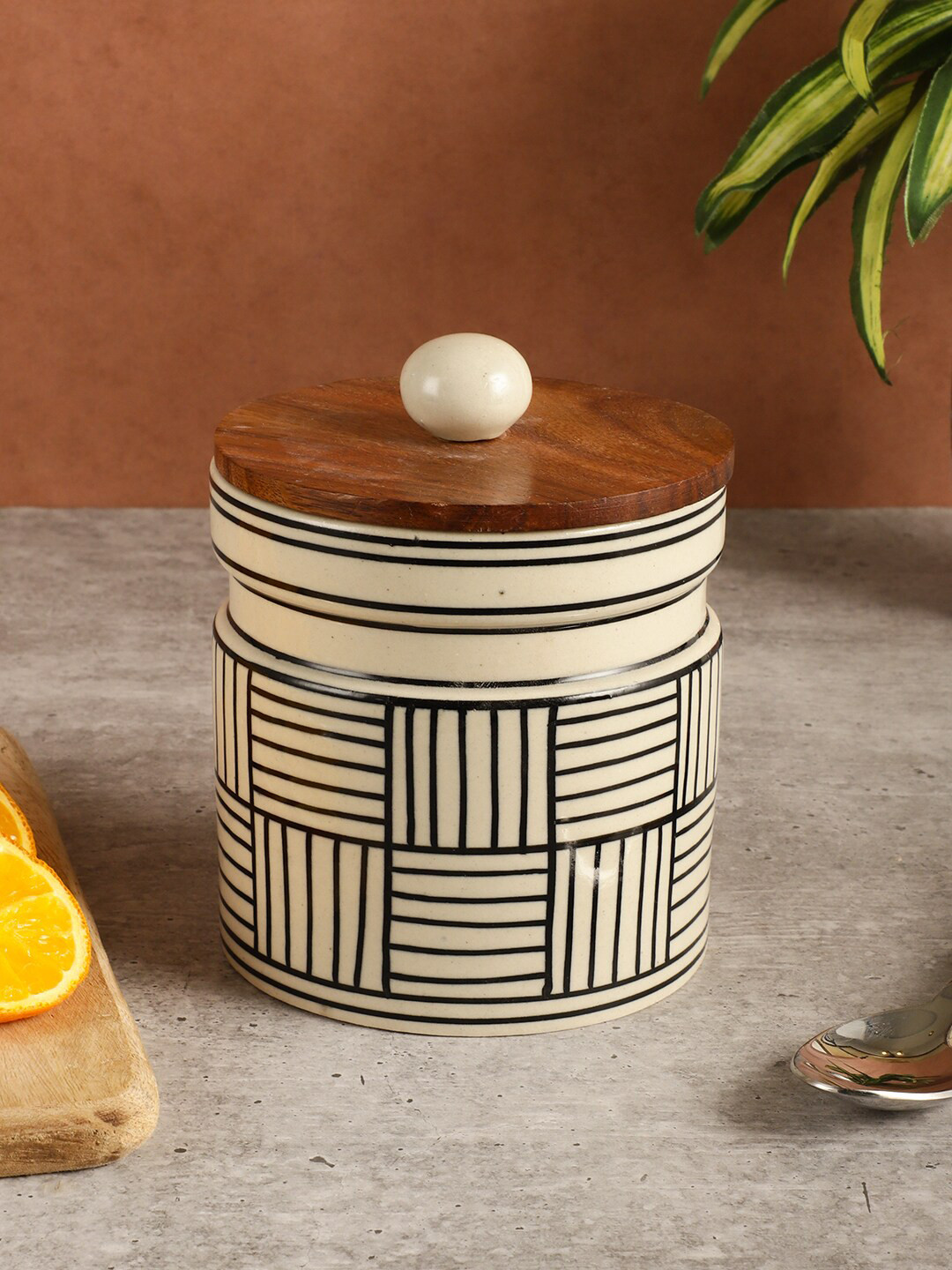 Miah Decor off White Checkered Ceramic Air Tight Flip Top Jar-650ml