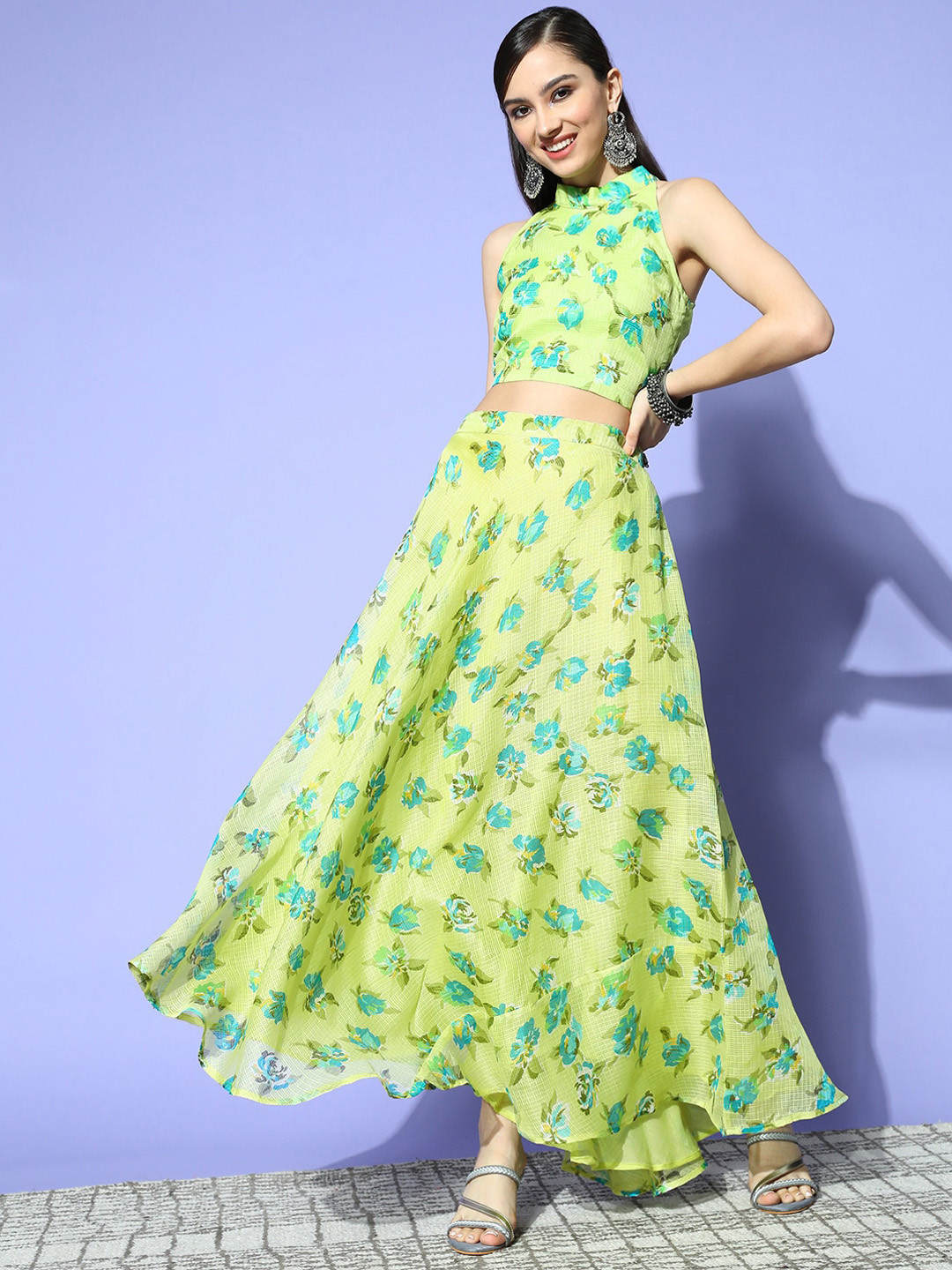 Yufta Lime Green Floral Printed Halter Neck Pure Cotton Top With Skirt