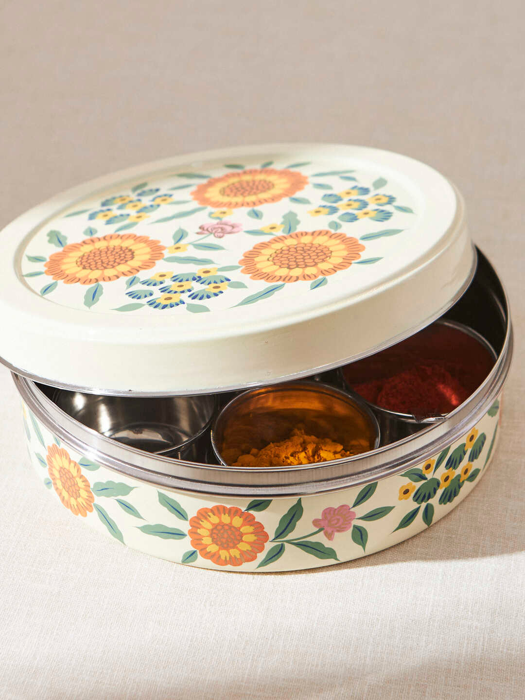 Chumbak Marigold Off White & Yellow Printed Stainless Steel Spicebox