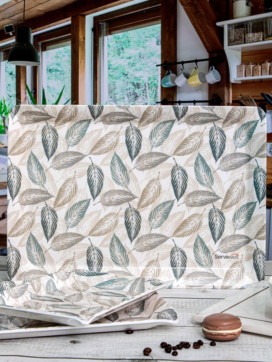 Servewell 3 Pcs White & Beige Leaves Printed Melamine Rectangular Trays