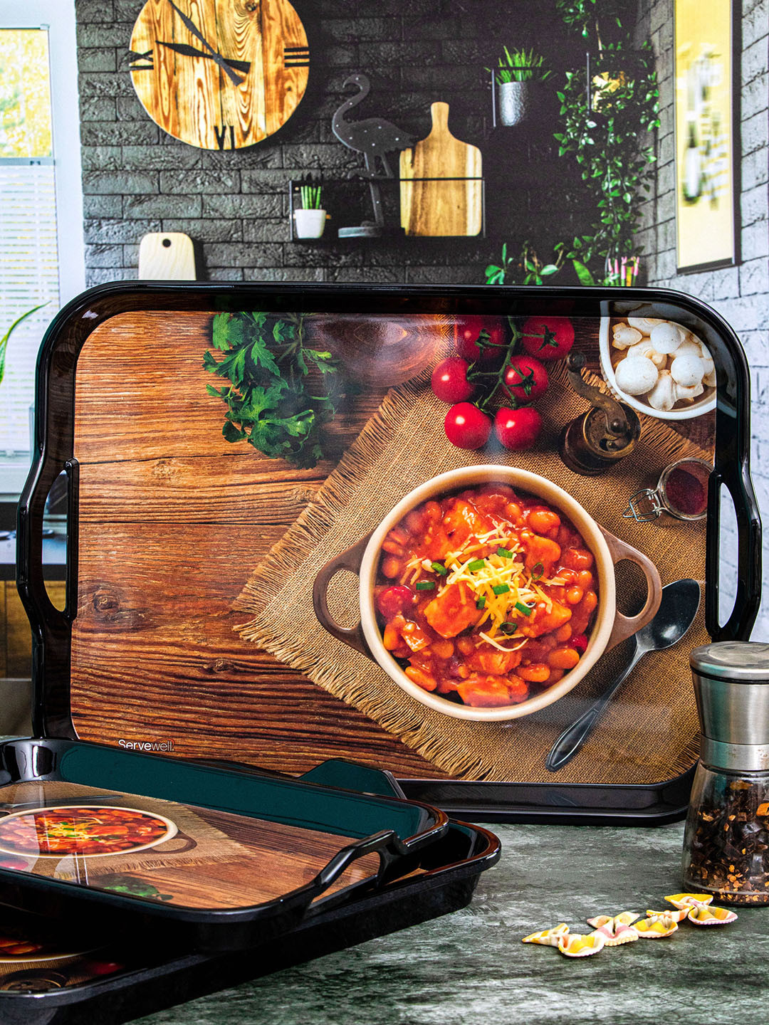 Servewell 3 Pcs Brown & Black Handy Baked Beans Printed Serving Trays