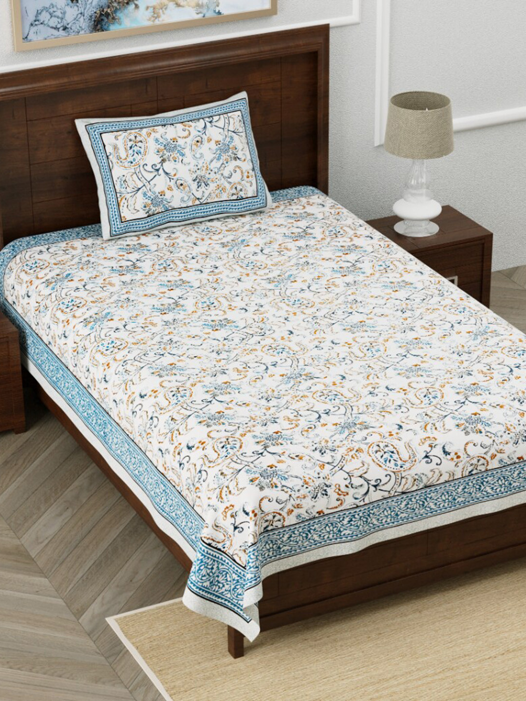 EasyGoods Monarchsingle Sea Green Ethnic Motifs Pure Cotton 210 TC Single Fine Bedsheet with a Pillow Cover-60 x 90 inches