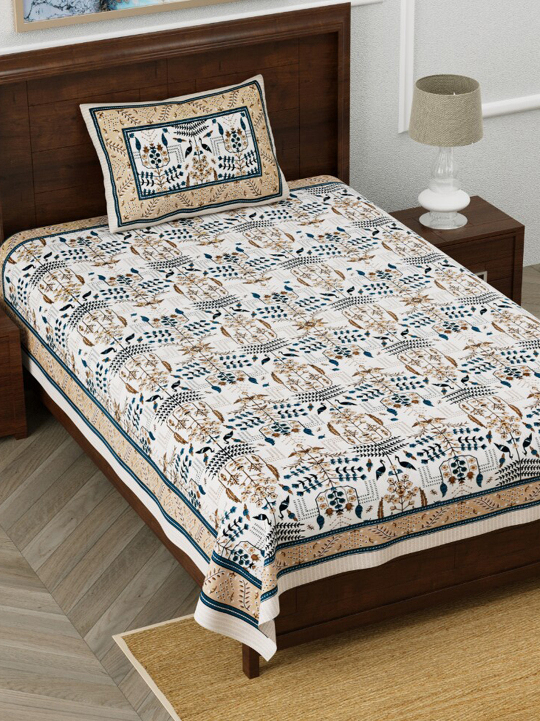 EasyGoods Monarchsingle Brown Ethnic Motifs Pure Cotton 210 TC Single Fine Bedsheet with a Pillow Cover-60 x 90 inches