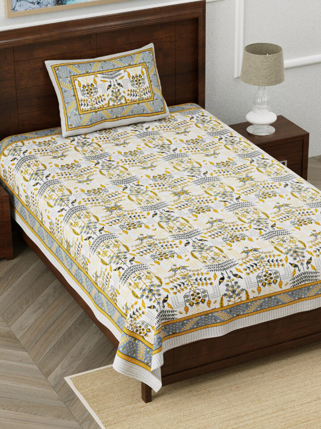 EasyGoods Yellow Ethnic Motifs Cotton 210 TC Single Fine Bedsheet with a Pillow Cover-60 x 90 inches