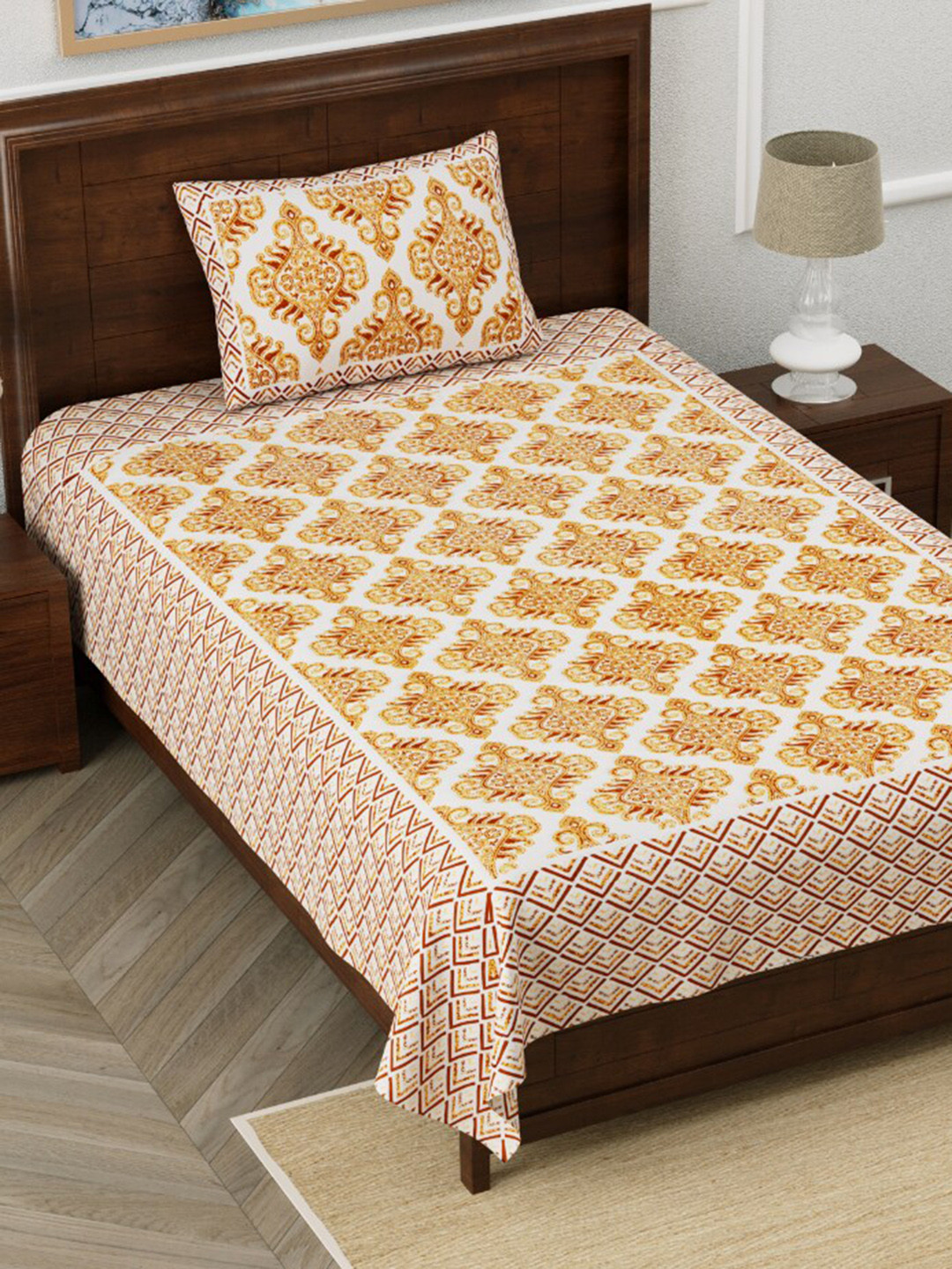 EasyGoods Monarchsingle Yellow Ethnic Motifs Cotton 210 TC Single Fine Bedsheet with a Pillow Cover-60 x 90 inches