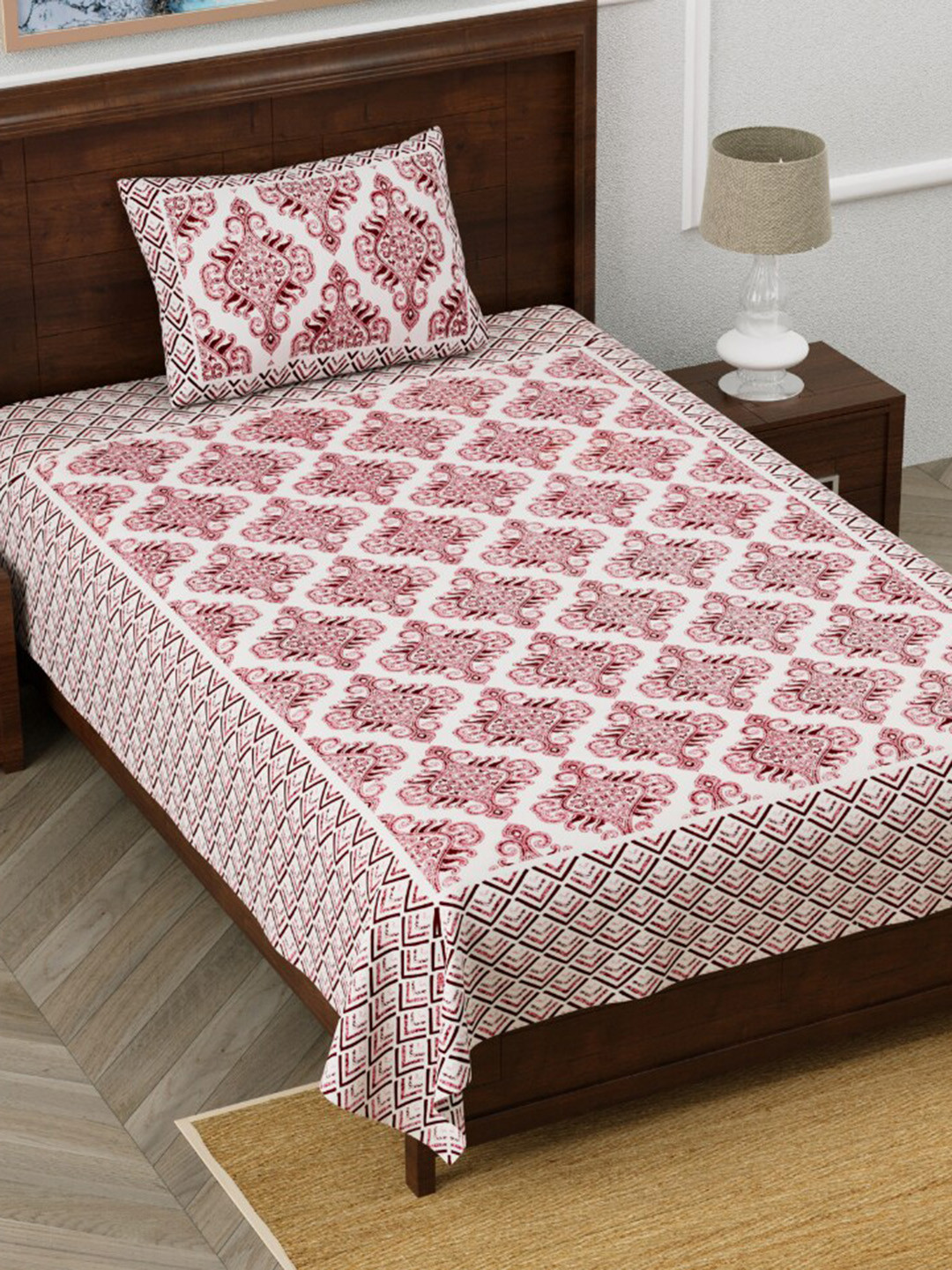 EasyGoods Monarchsingle Maroon Ethnic Motifs Cotton 210 TC Single Fine Bedsheet with a Pillow Cover-60 x 90 inches