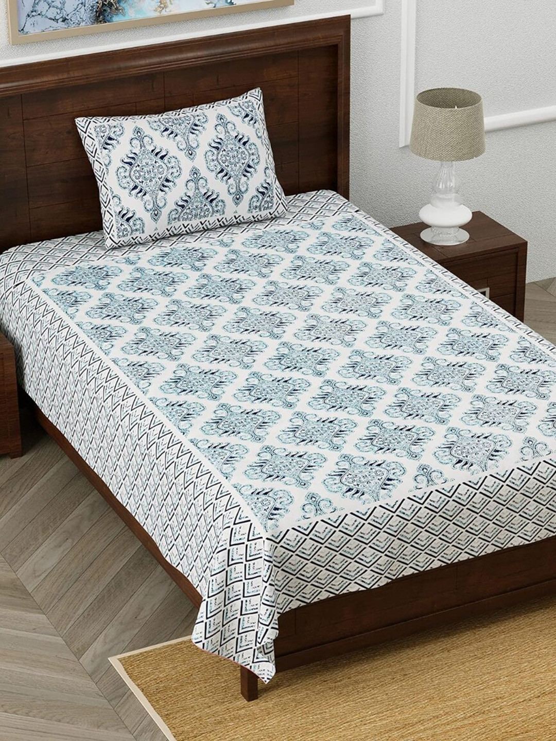 EasyGoods Monarchsingle Blue Floral Cotton 210 TC Single Fine Bedsheet with a Pillow Cover-60 x 90 inches