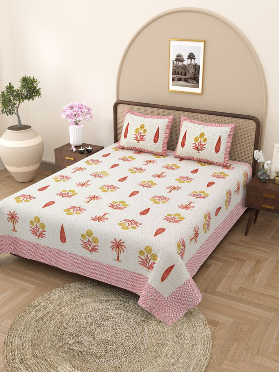 EasyGoods Gulmohar Pink Floral Cotton 210 TC King Fine Bedsheet with 2 Pillow Covers-92 x 109 inches