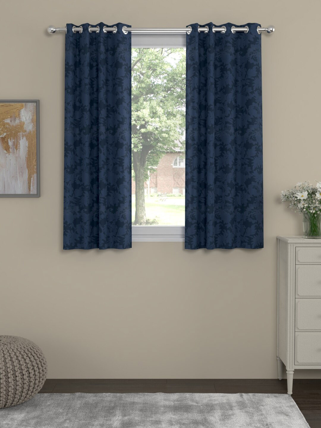 ROSARA HOME Emerald Dyed Blue 2 Pieces Self Design Jacquard Window Curtains