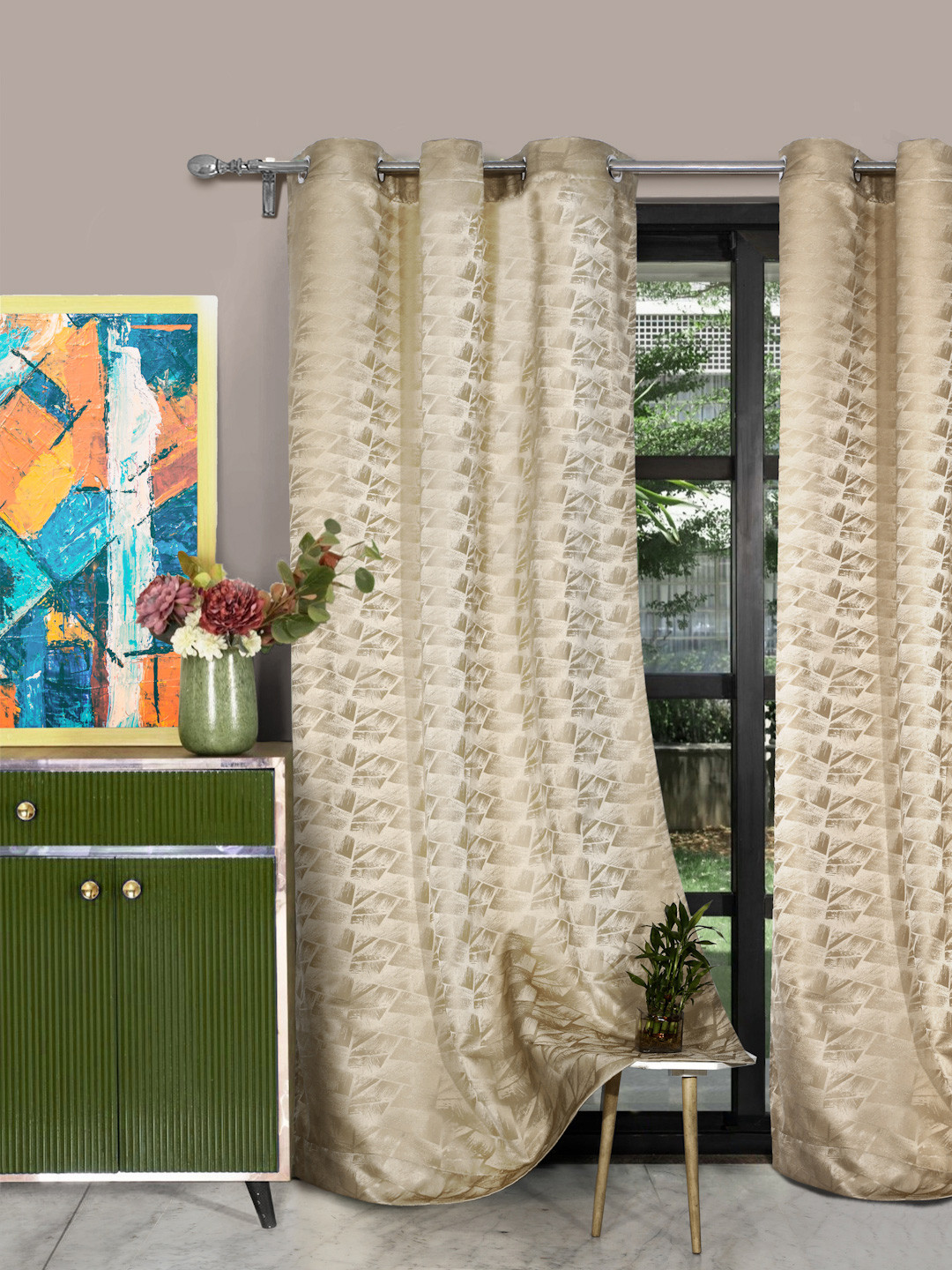 ROSARA HOME Reggio Dyed Beige 2 Pieces Abstract Jacquard Door Curtains