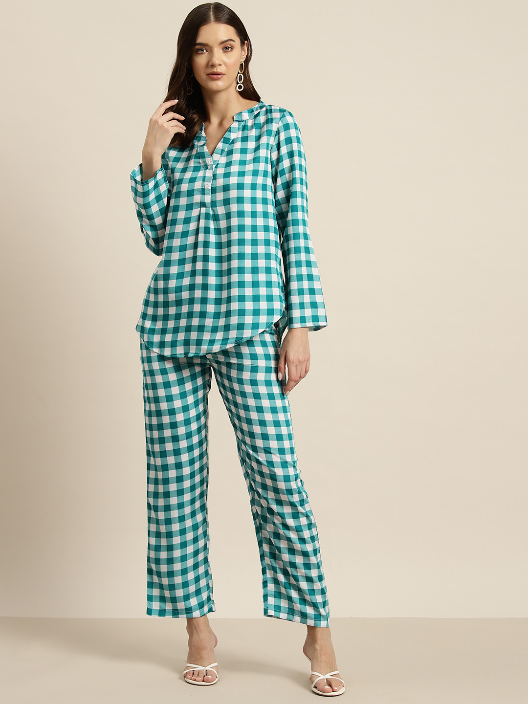 Qurvii Checked Crepe Shirt with Trousers