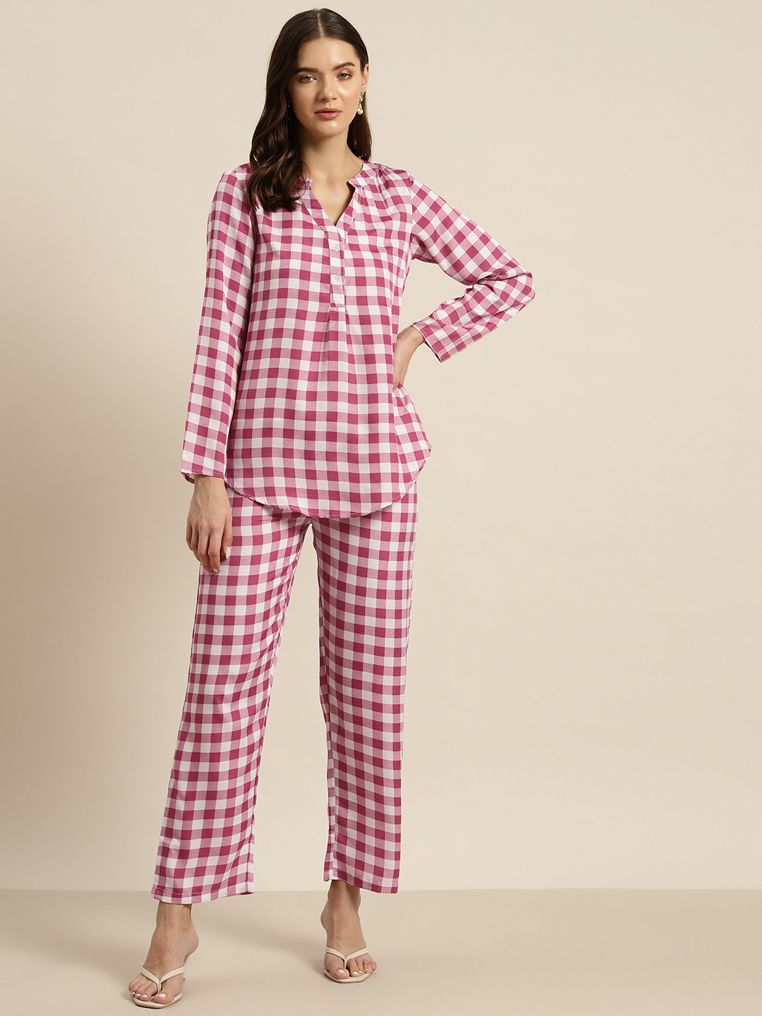 Qurvii Women Checked Crepe Shirt with Trousers