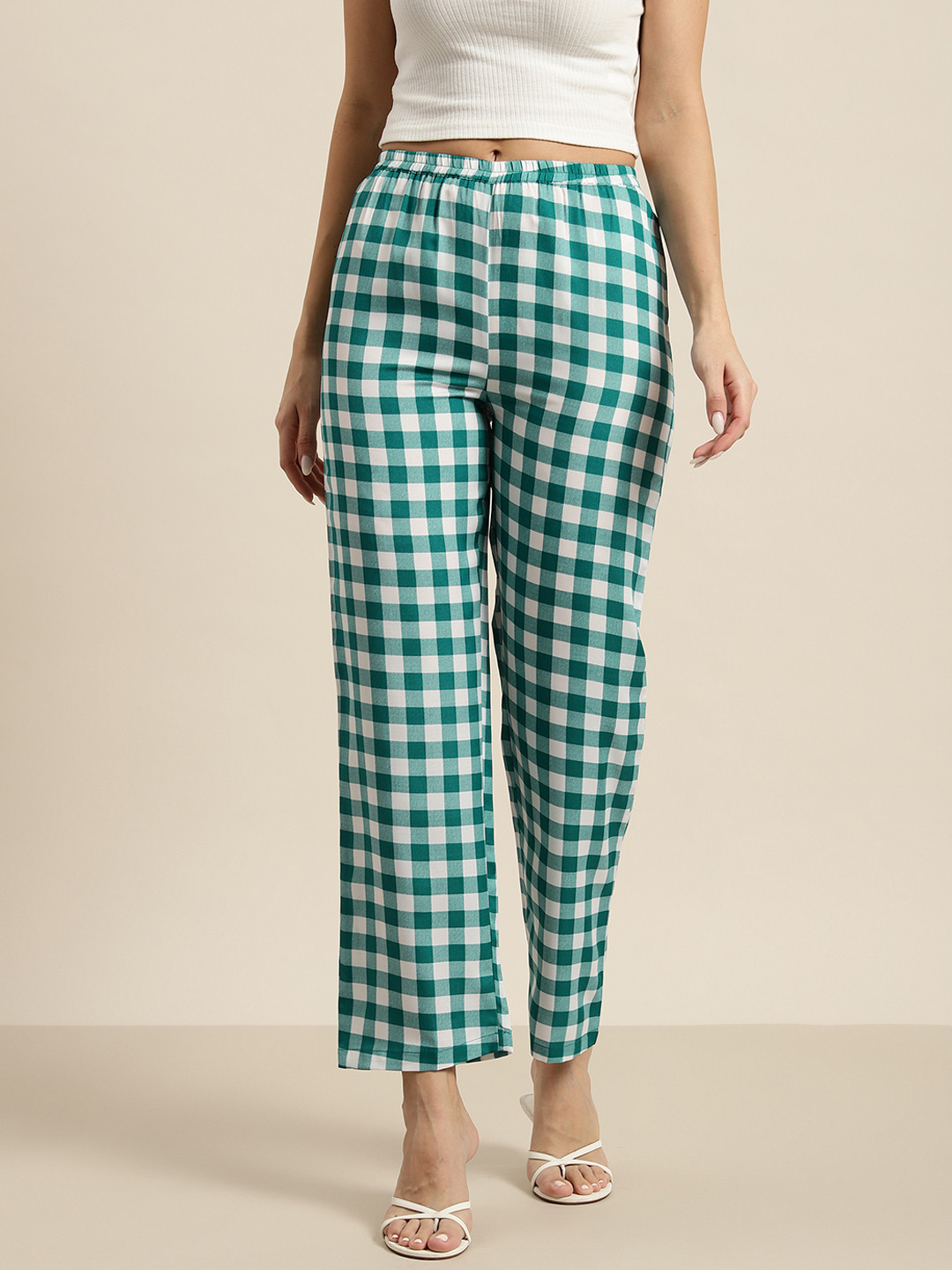 Qurvii Checked Comfort High-Rise Easy Wash Trousers