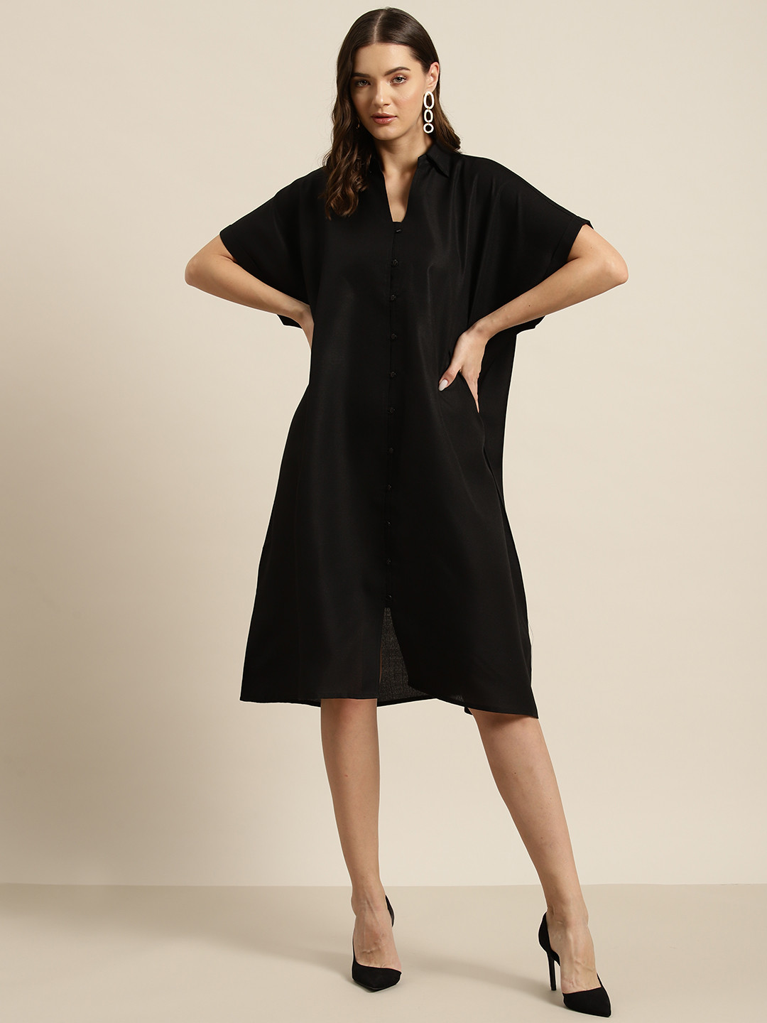 Qurvii Solid Cotton Slub Kimono Sleeve Oversized Shirt Dress