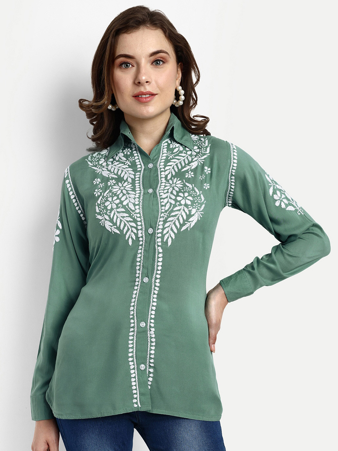 Indiankala4u Ethnic Motif Embroidered Chikankari Shirt Style Top