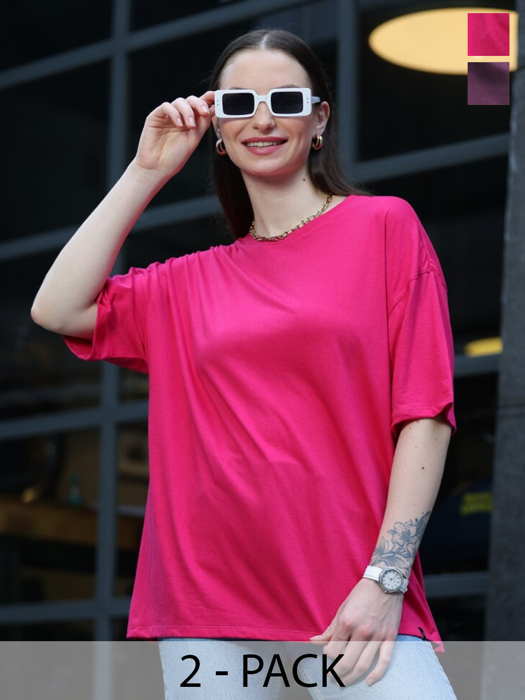 TITTLI Pack Of 2 Pure Cotton Drop Shoulder Sleeves Oversized T-shirt