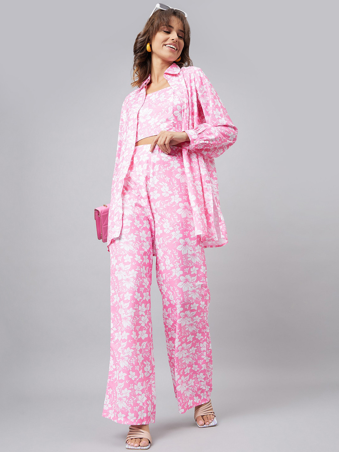 Chemistry Printed Crop Top & Collar Shirt With Trousers