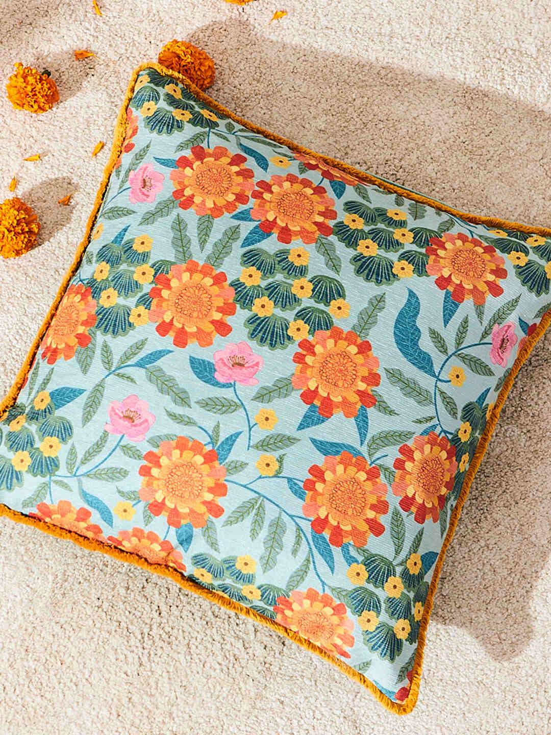 Chumbak Marigold Teal & Orange Floral Square Cushion Cover