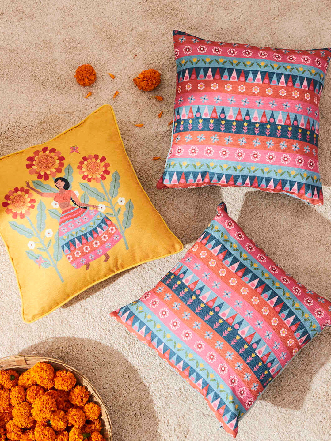 Chumbak Marigold Lady Geometric Polyester Durable 3 Pcs Square Cushion Covers - 16 x 16 In