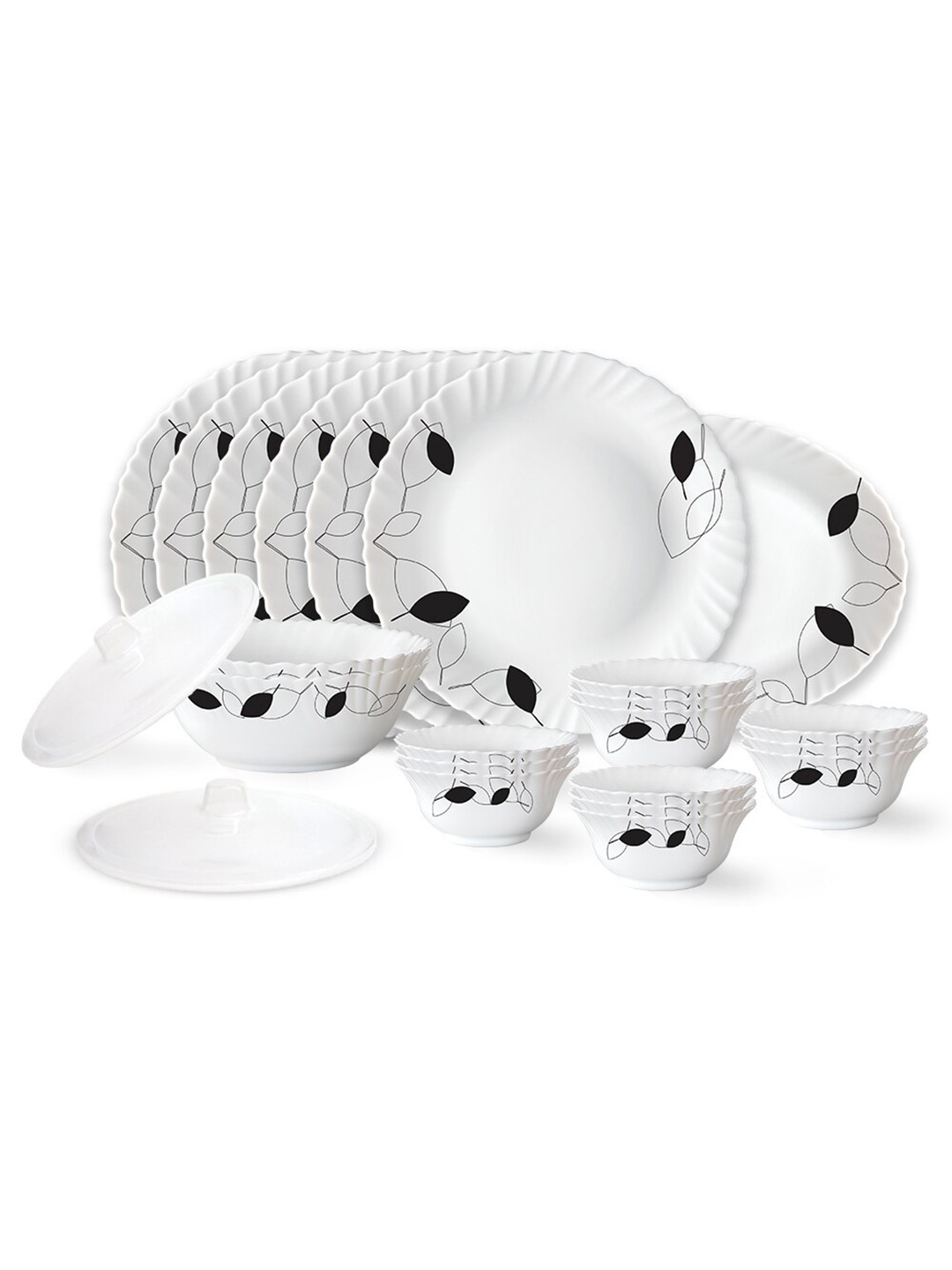 Larah by BOROSIL Fluted Shadow White Leaf Opalware Microwave Safe 23 Piece Dinner Set