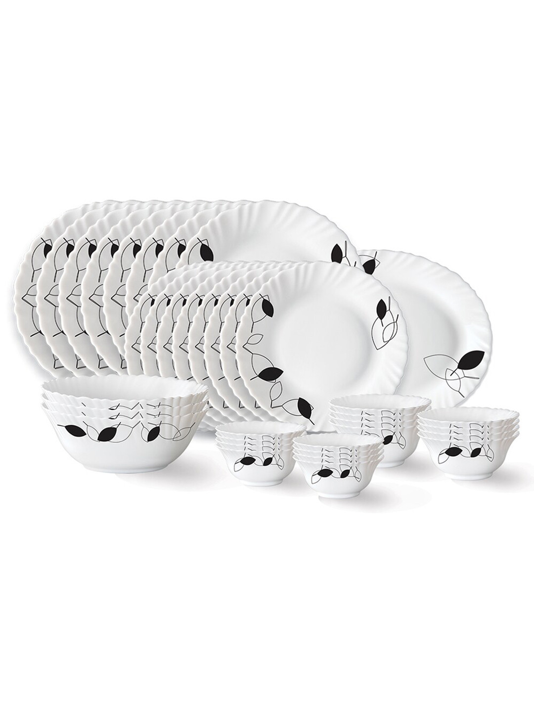 Larah by BOROSIL Fluted Shadow White Leaf Opalware Dishwasher and Microwave Safe 36 Piece Dinner Set