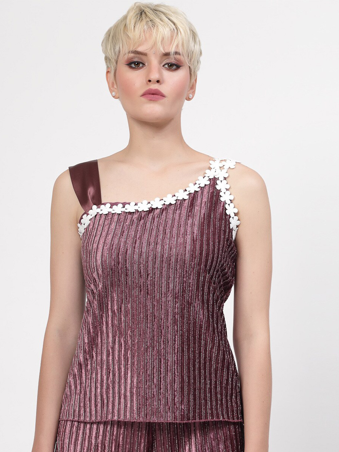 LELA Self Design Lace Inserts Velvet Top