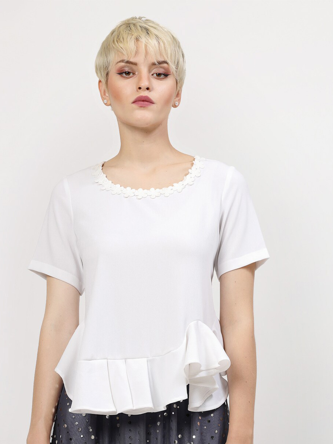 LELA Round Neck Ruffles Regular Top