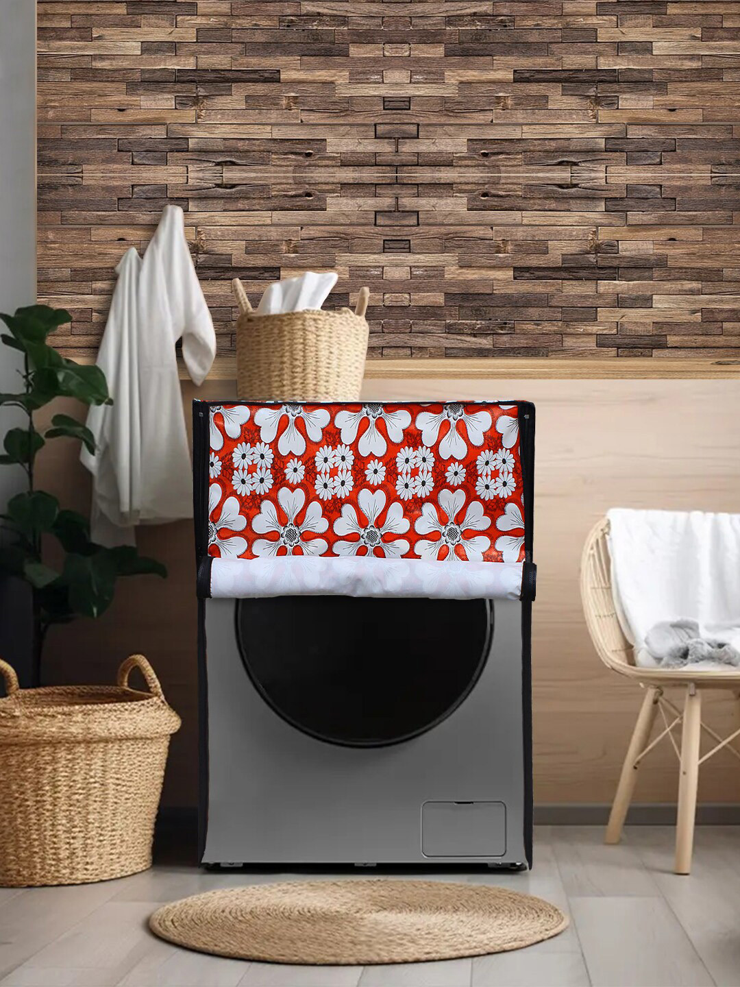 DREAM CARE Cortina Red Printed Waterproof & Dustproof Front Load Washing Machine Cover