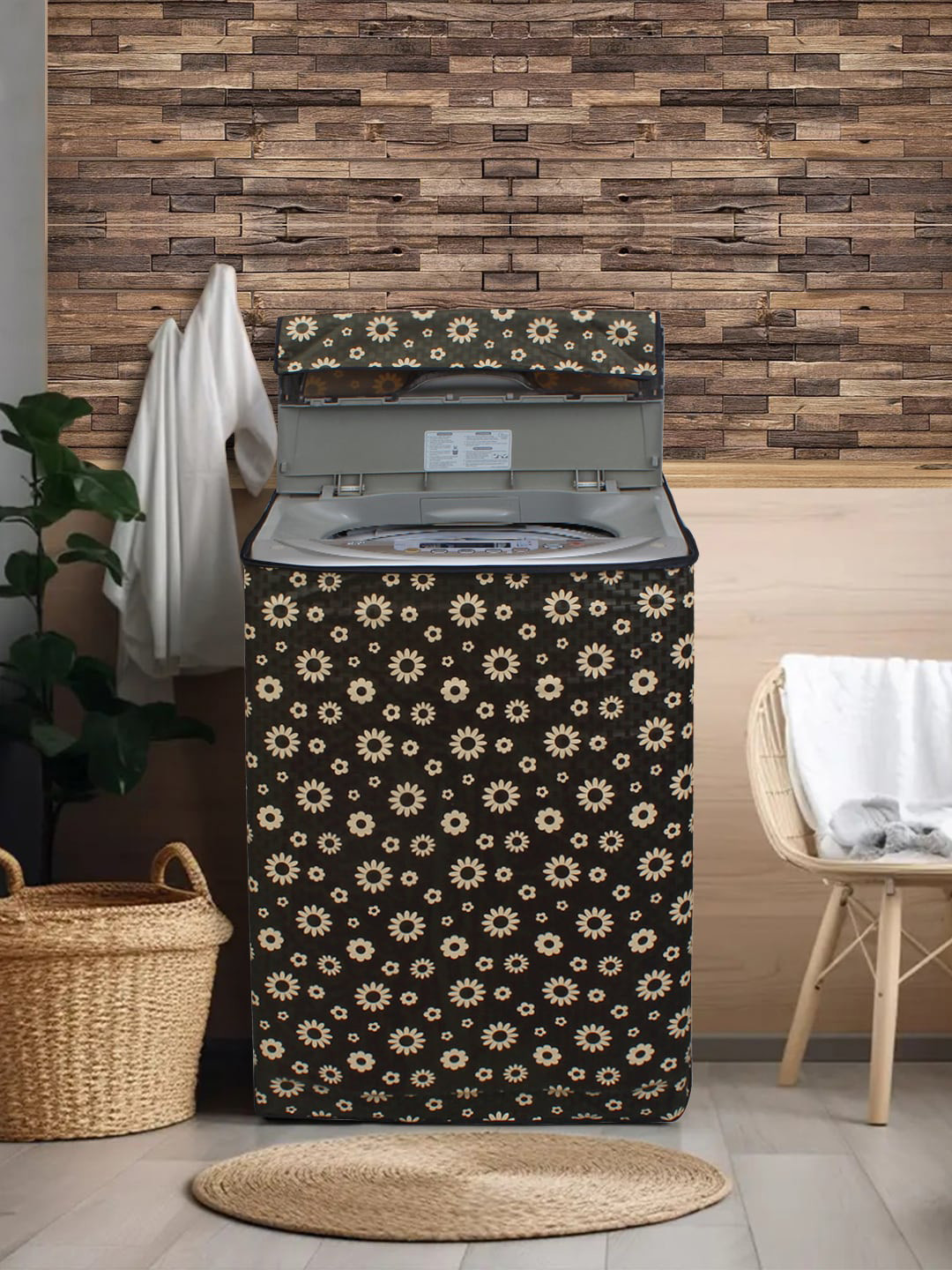 DREAM CARE Black Floral Printed Waterproof and Dustproof Top Load Washing Machine Cover
