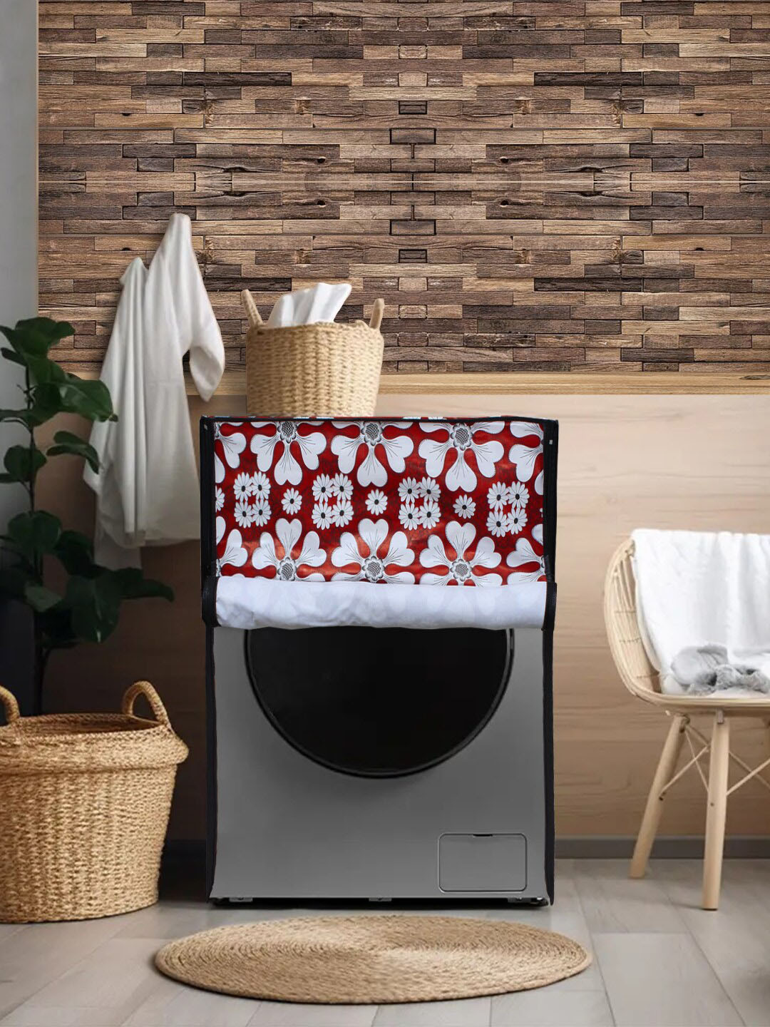 DREAM CARE Red & White Printed Waterproof and Dustproof Washing Machine Cover Front Load