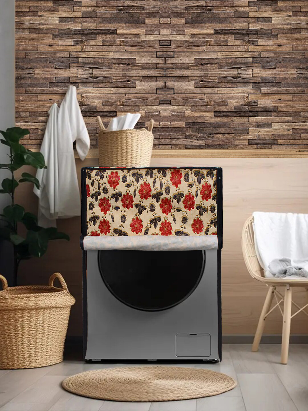 DREAM CARE Cream & Red Printed Waterproof and Dustproof Washing Machine Cover Front Load