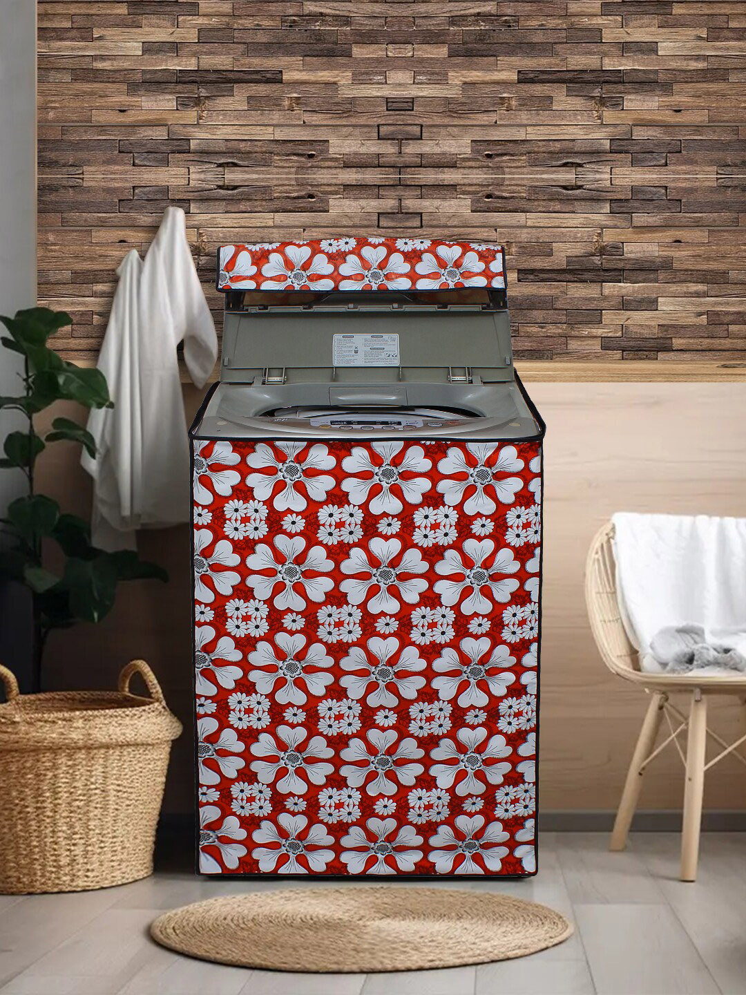 DREAM CARE Maroon & White Printed Water Proof Washing Machine Cover