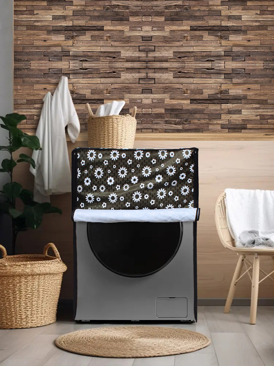 DREAM CARE Black Floral Printed Waterproof and Dustproof Washing Machine Cover Front Load