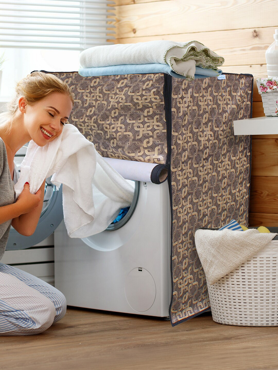 DREAM CARE Grey & Beige Printed Waterproof and Dustproof Front Load Washing Machine Cover