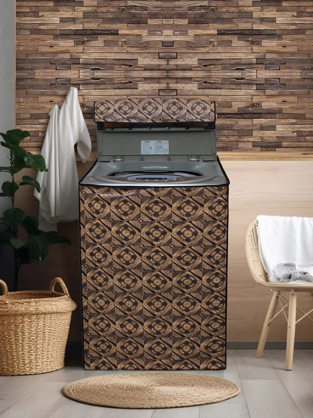 DREAM CARE Beige & Grey Printed  Waterproof & Dustproof Top Load Washing Machine Cover