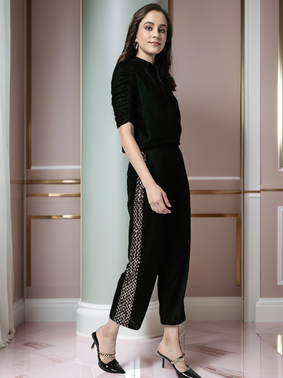 Zima Leto Velvet Tie-Up Velvet Top With Sequin Detail Trousers Co-Ords