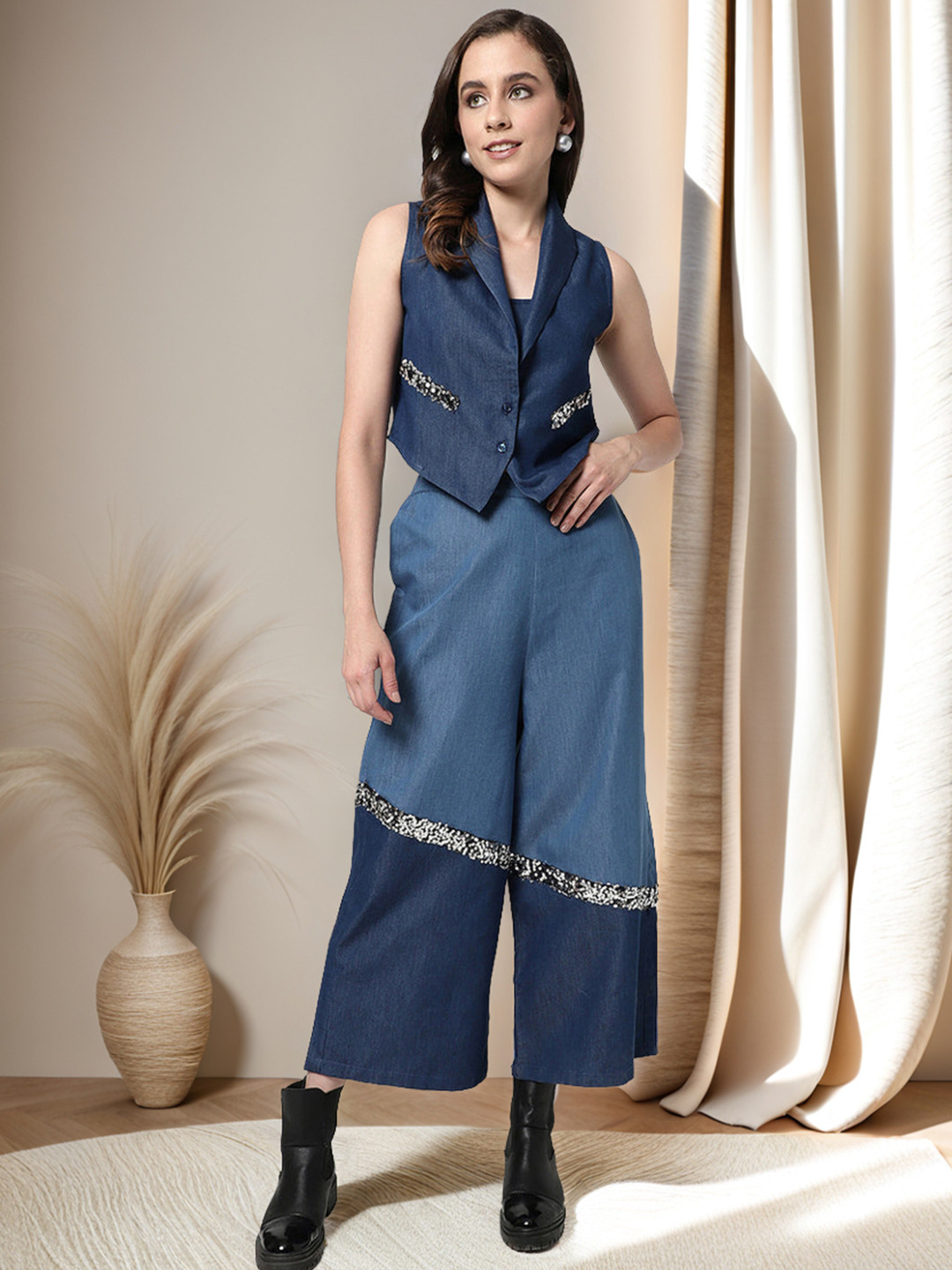 Zima Leto Sequinned Sleeveless Denim Top & Trousers
