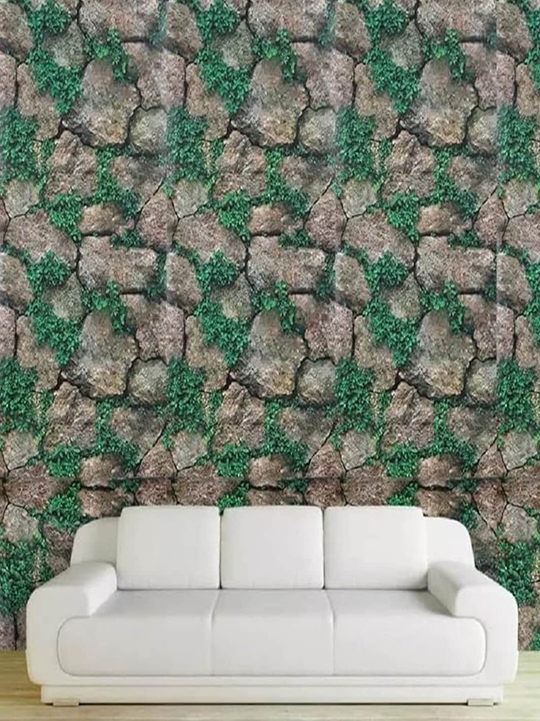 Univocean Green Stones & Plants Printed Self Adhesive Wall Paper