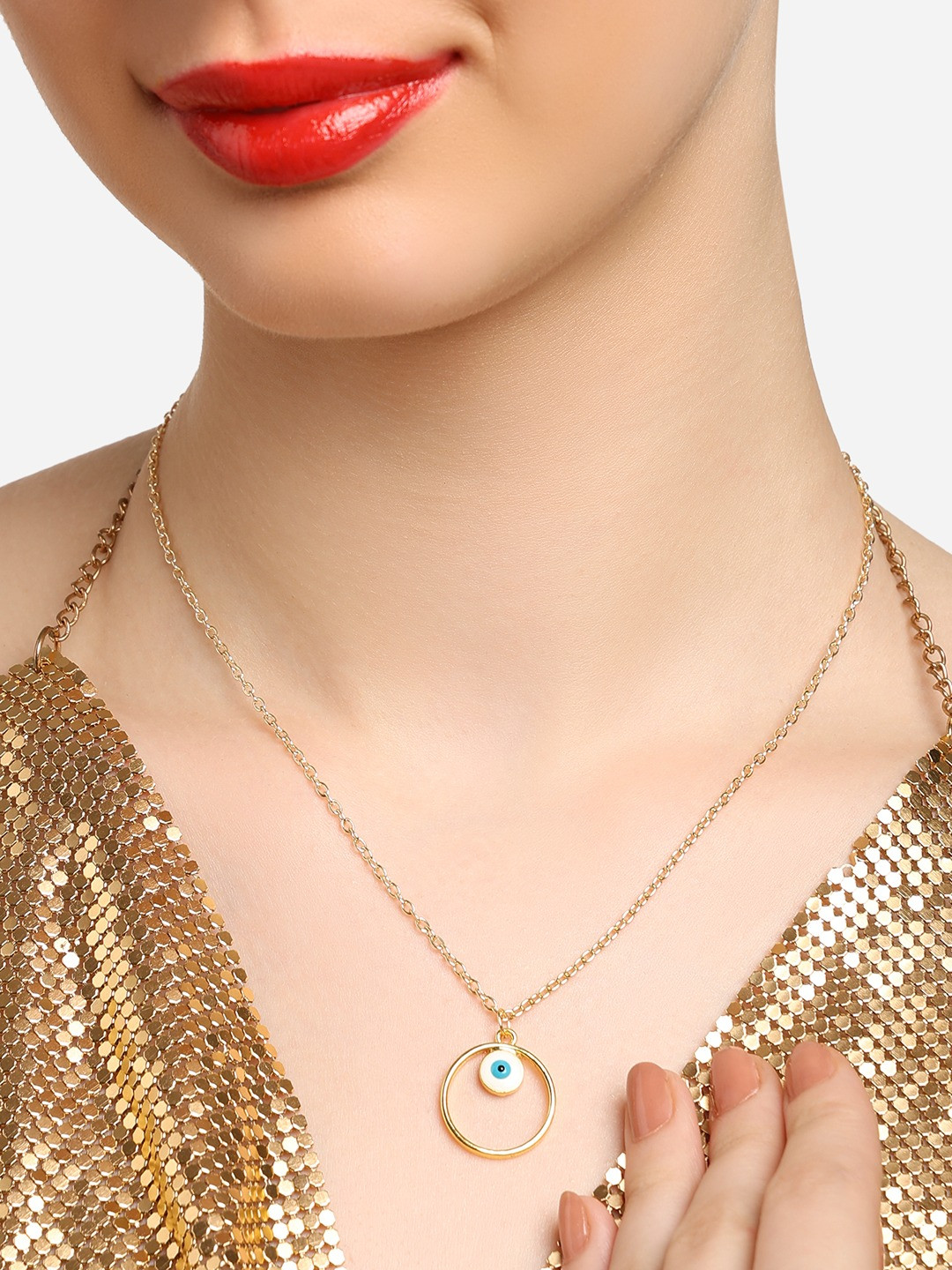 Zaveri Pearls Women Gold-Plated Enamelled Circular Evil Eye Pendant with Chain